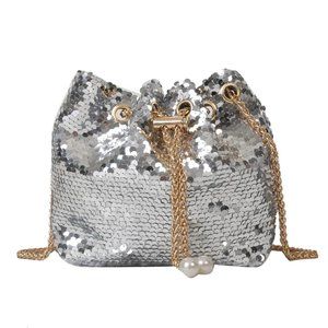 Classy Silver Sequin Drawstring Pouch Bag